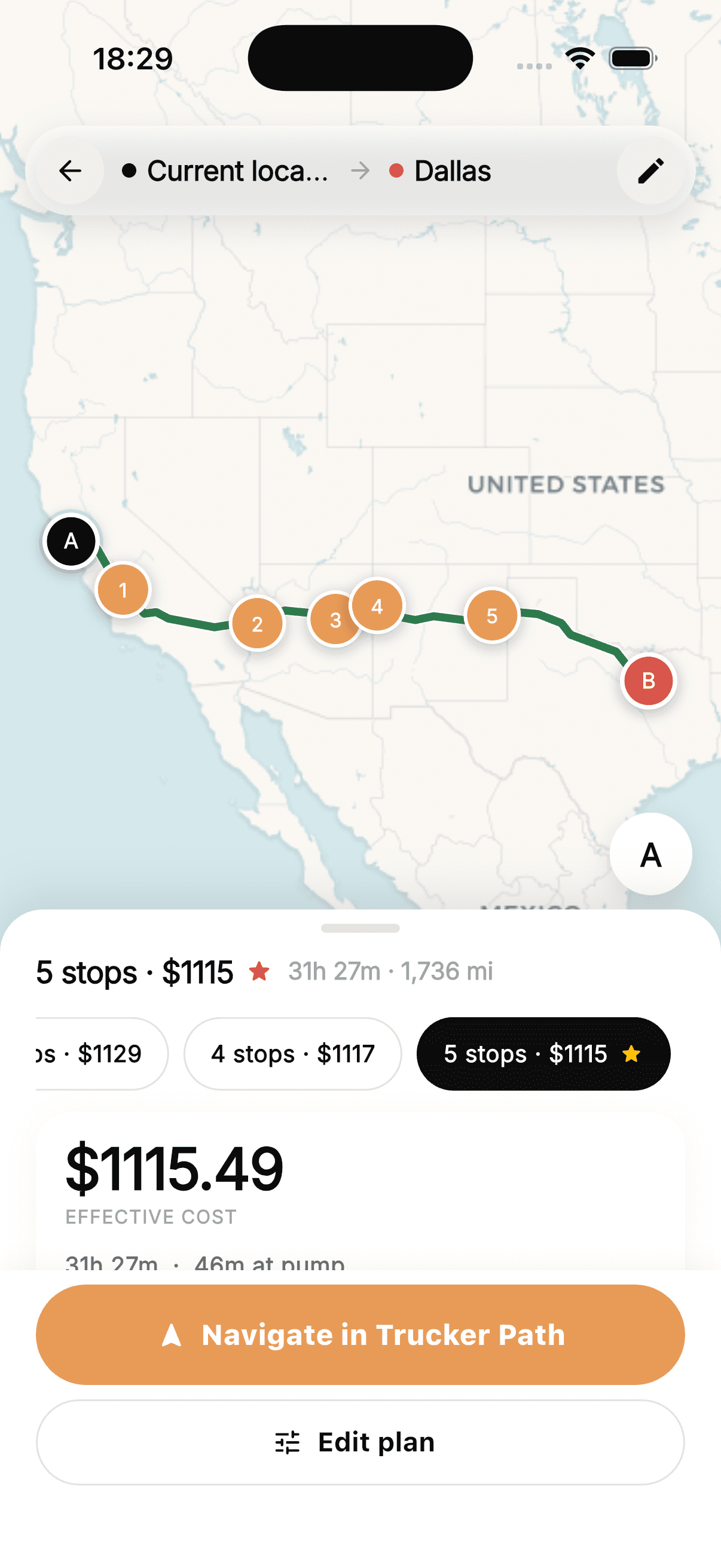 The Fuel Agent — Optimized 5-stop route from SF to Dallas with $1,115 plan